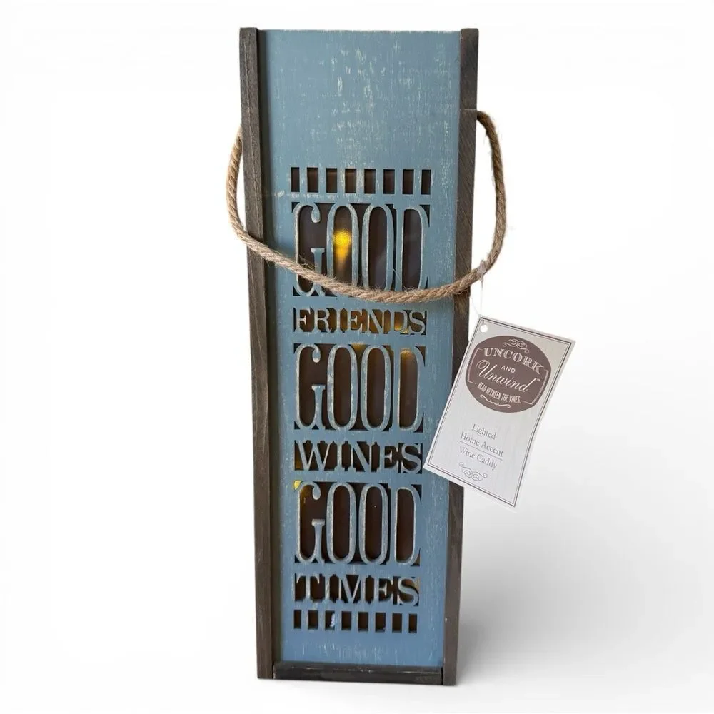 NWT Blue Brown Lighted Wine Box Rope Handle “Good Friends Good Wines Good Times“